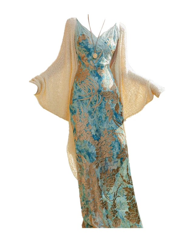 

Slimming Effect Chinese Sle Vintage Women's Faion Set Summer plus Size Hollow out Cardigan Printed Splicing Dr Trendy