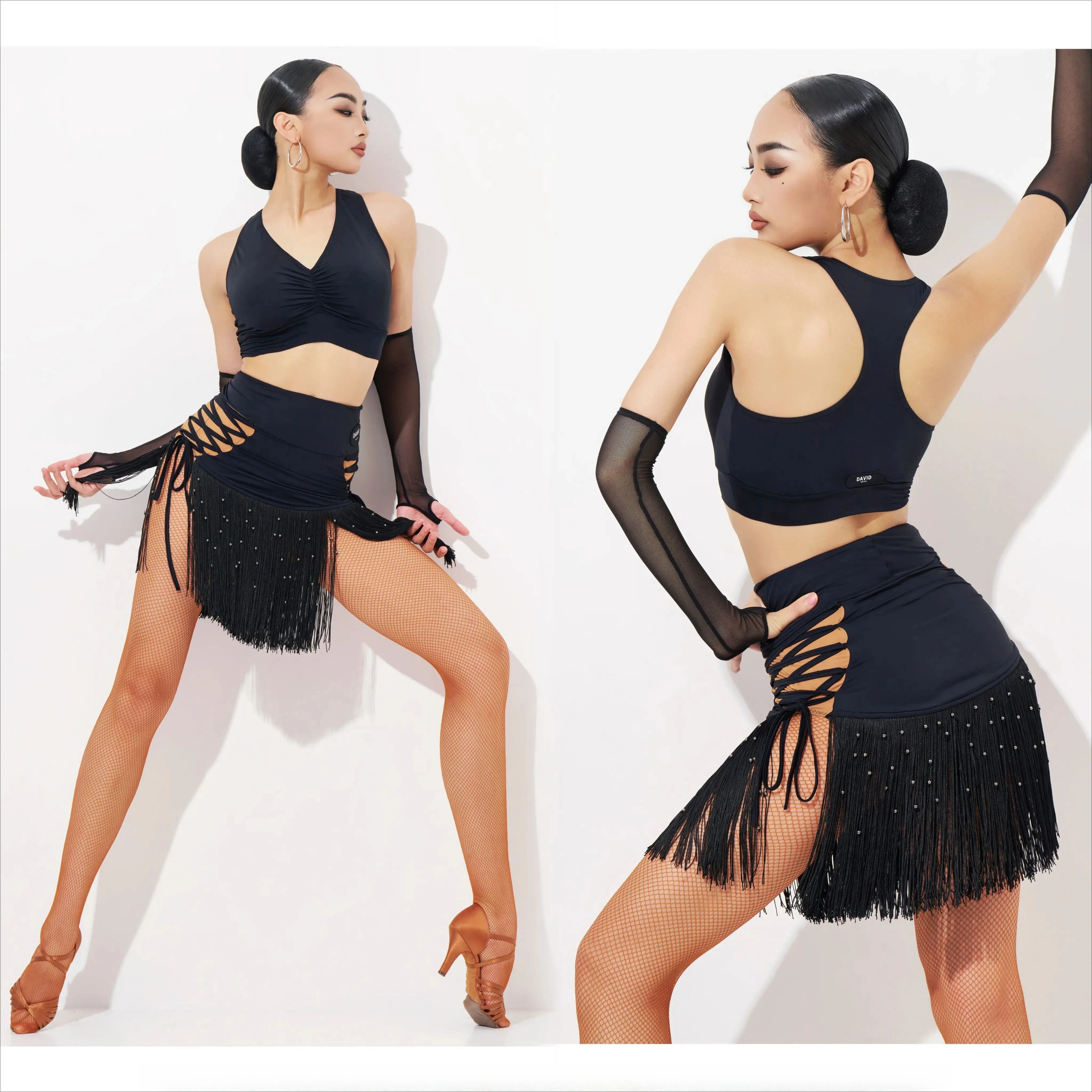 

UK Latin dance costume new season black crop top & fringe skirt set with bead trim for practice/performance/competition