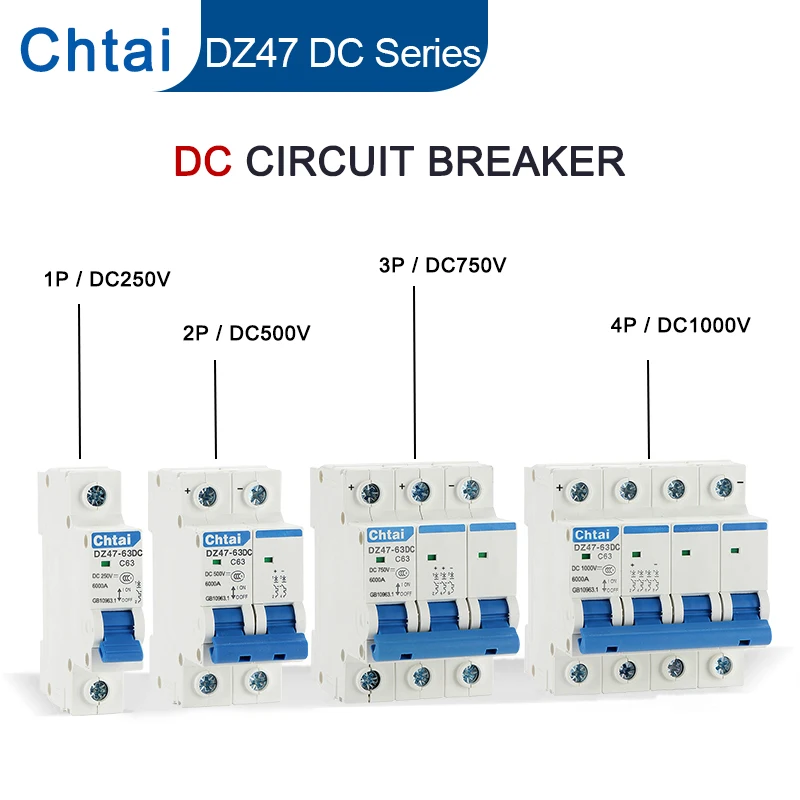 DZ47-63DC 1P 2P 6-63A dc250V 500V 1000V Mini MCB For Battery PV Solar system Protector Positive Negative Switch