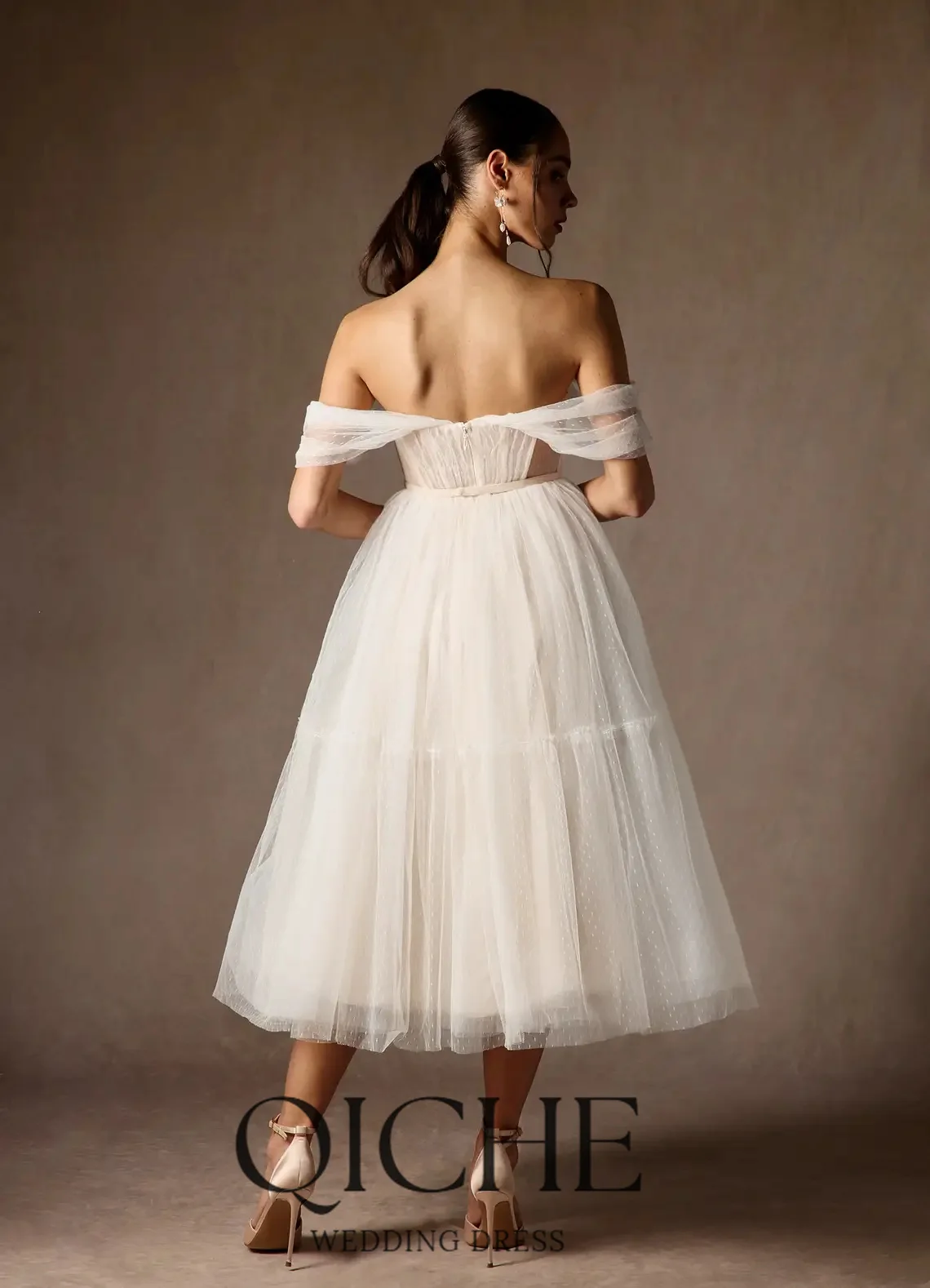 QICHE Simple Sweetheart Off-the-shoulder Tulle Backless A-line Weeding Long Dress Bridal Party Gown Vestido De Noiva Customized