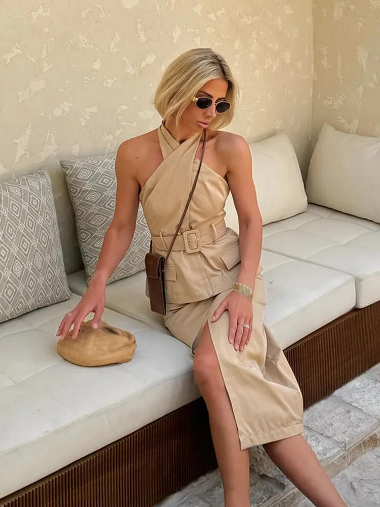 HH Mode Kaki Riem Cross Design Midi-jurk Zomer Damesstraatkleding Slim-fit Kantoorrok Commuter Outfit