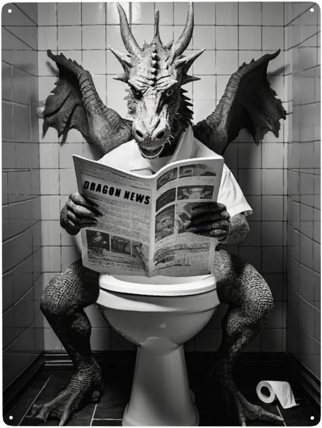 Funny Dragon Read Newspaper Bathroom Metal Tin Sign Black and White Dragon Wall Decoration for Bath Lavatory Washroom 12Wx1 sign