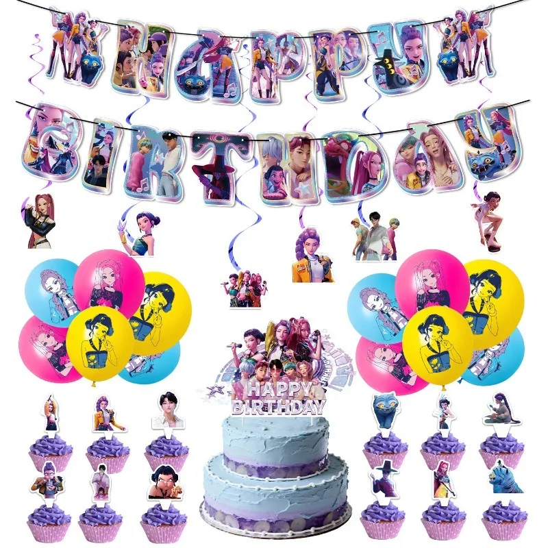

hot K-Pop Birthday Party Supplies Kit with Decorative Cups Plates Tablecloth Banner Tableware Balloons Souvenirs Included New