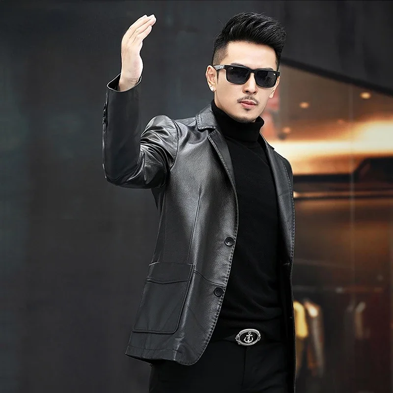 High End New Eco-cowhide Natural Leather Jacket Men Genuine Leather Coat Men's Slim Leather Suit Jackets Casual Suit Fashion FCY