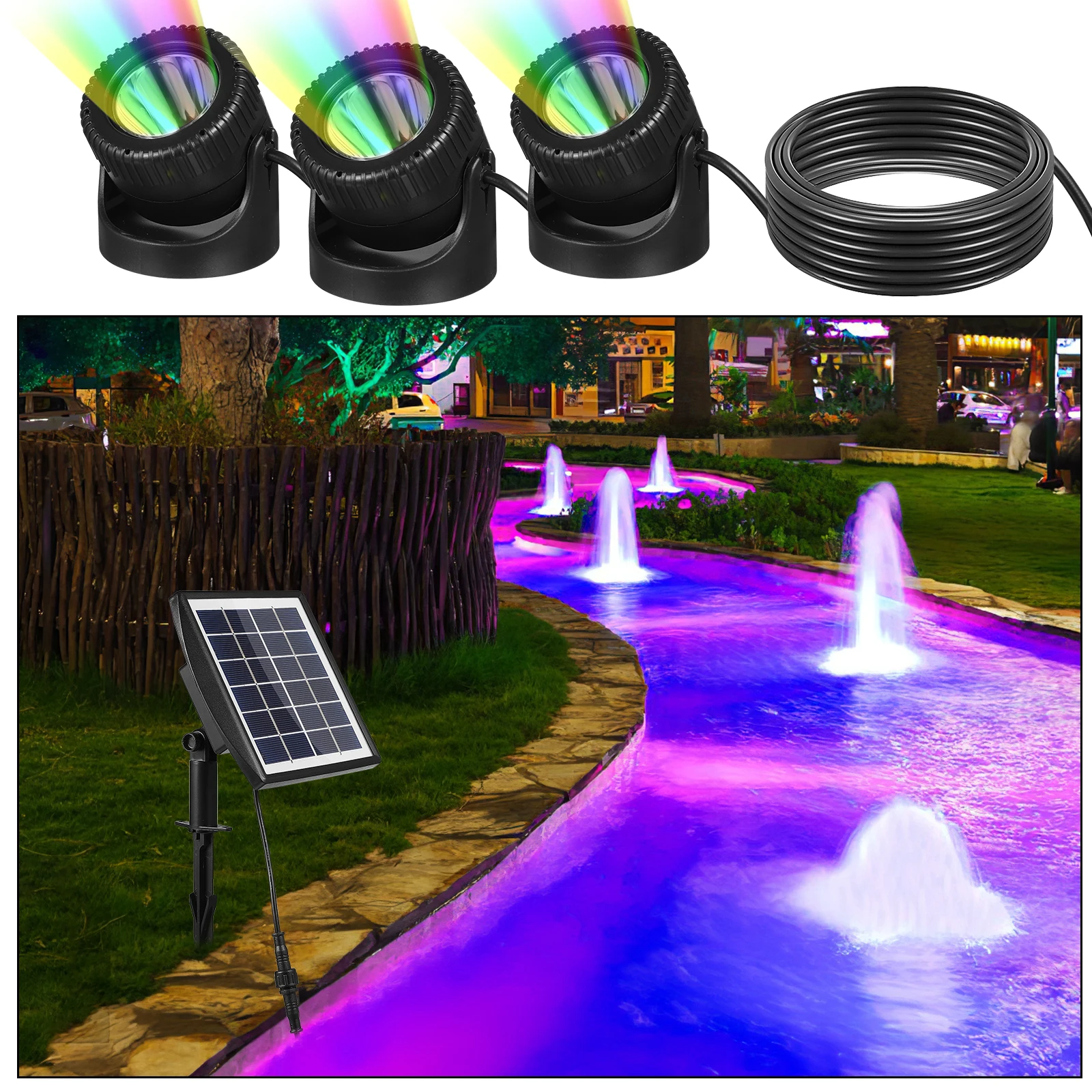Luz Solar para estanque, luz LED sumergible impermeable, tres colores, carga rápida, luces solares subacuáticas para piscina y jardín al aire libre