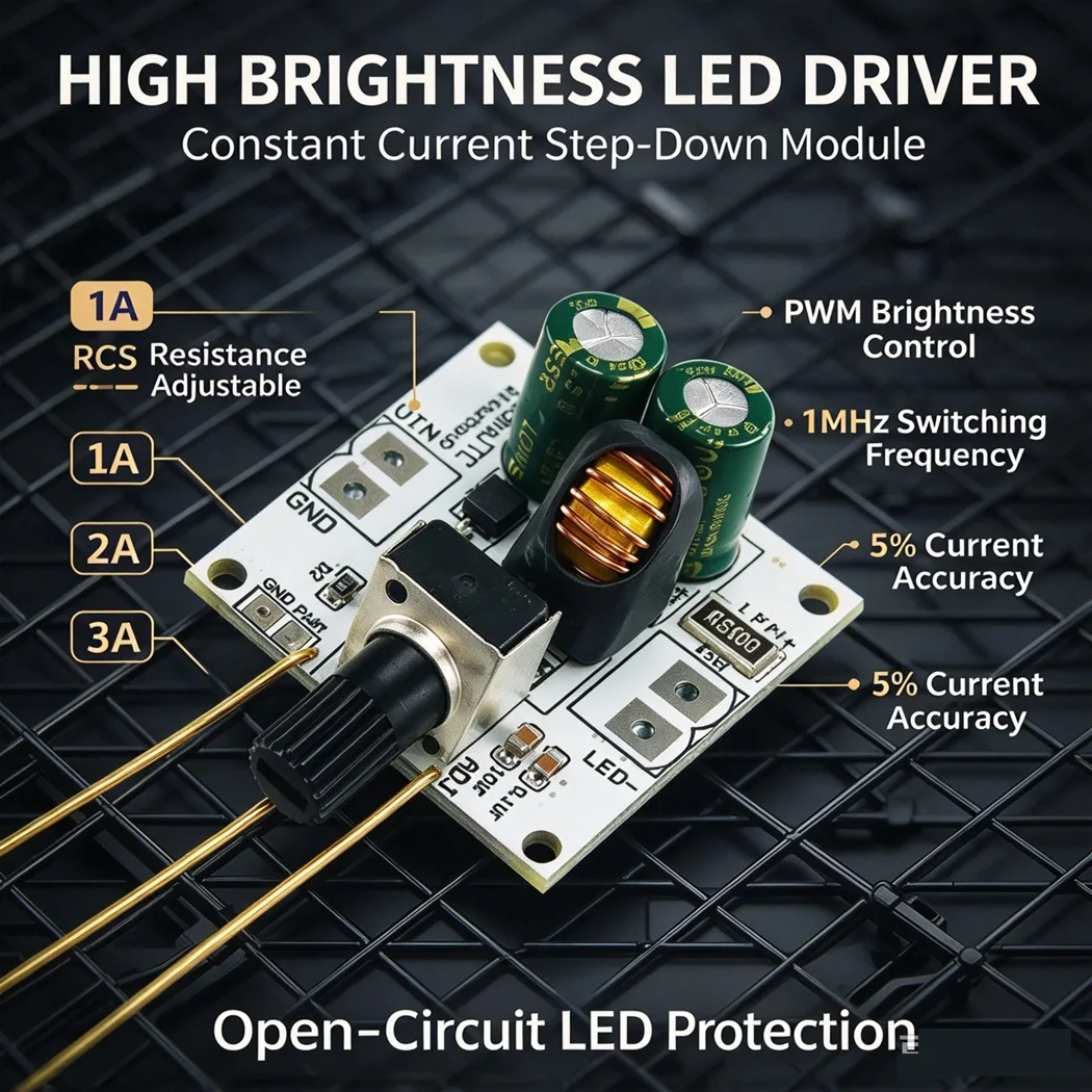 DC 6-50V Step Down High Brightness LED Driver Module 1A 2A 3A 72W 5000:1 Dimming PWM Constant Current 96% High Efficiency