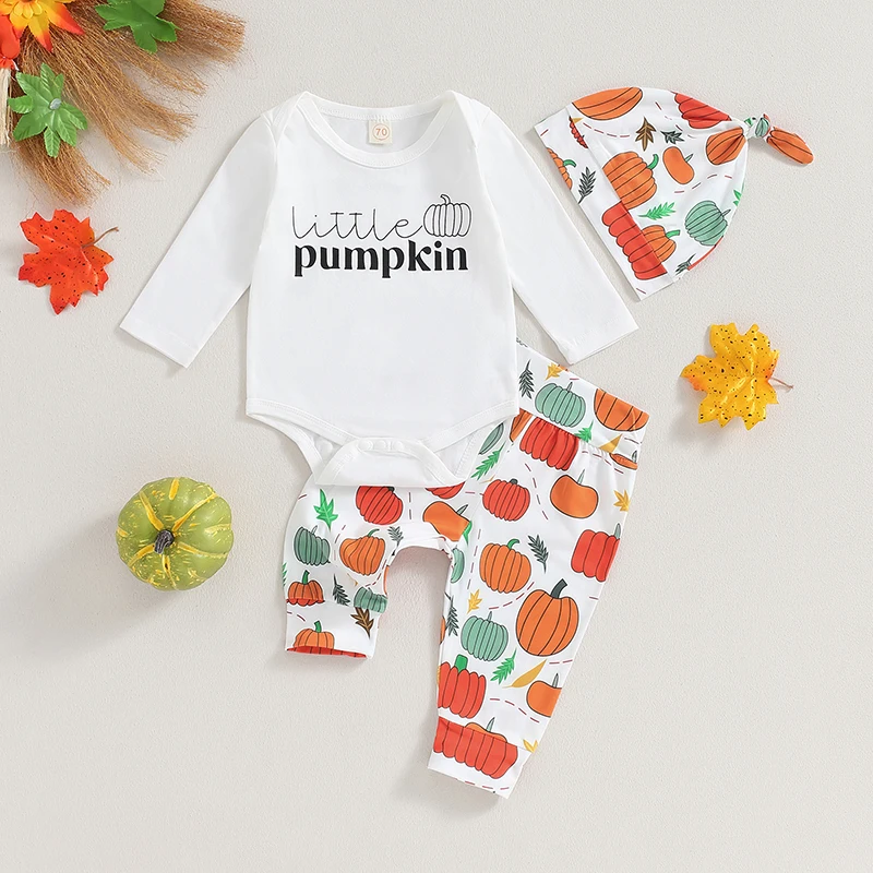 EWODOS Newborn Baby Boys Fall Outfit Halloween Pants Set Long Sleeve Letters Print Bodysuit Pumpkin Print Sweatpants Hat Sets