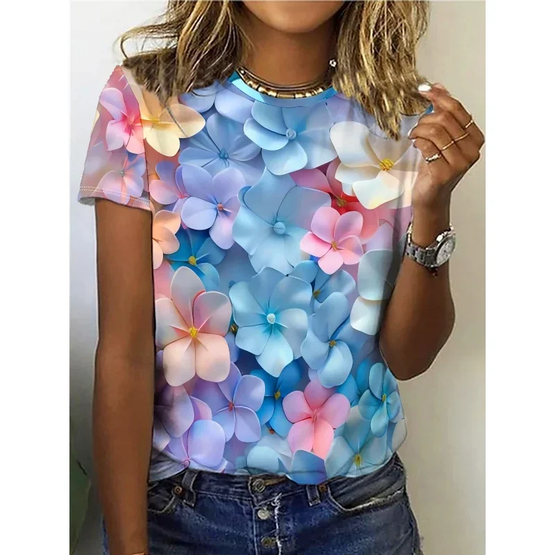 Plus size 3d impresso flor plantas t camisa para mulher borboleta gráfico manga curta rua o-pescoço camisetas topos camisetas soltas