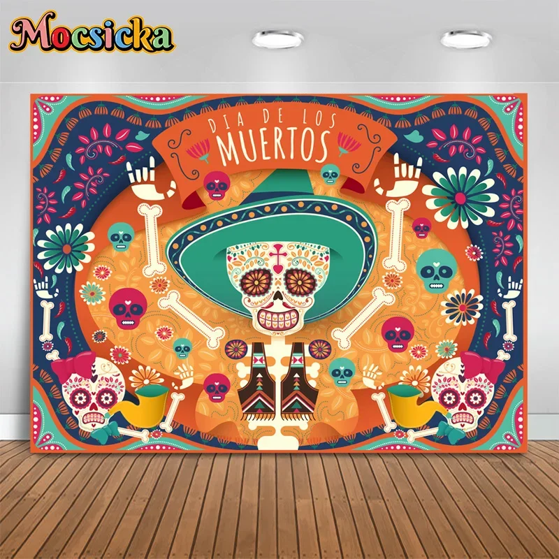 Mocsicka Day of the Dead Photography Backdrop Skeleton Pipe Decor Background Mardi Gras Birthday Party Kids Photo Studio