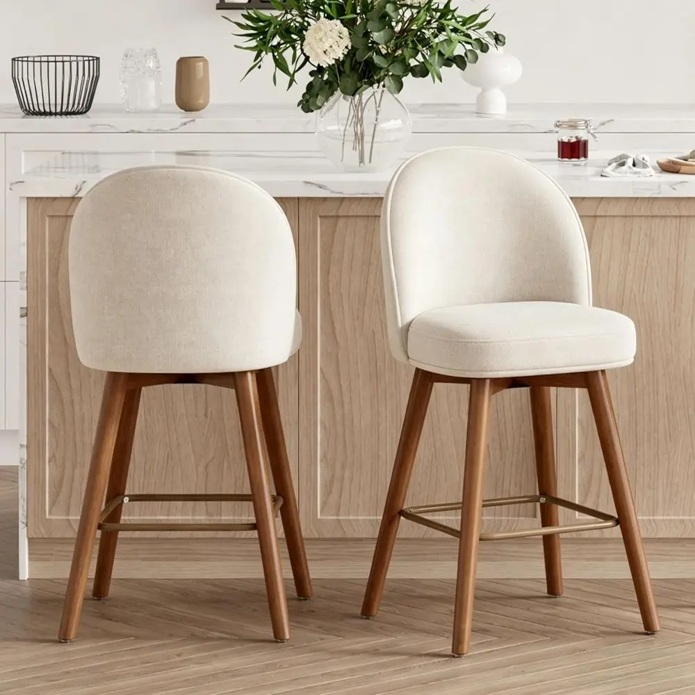 

Upholstered Swivel Bar Stools Set of 2, 26 Counter Height Chairs with Back, Solid Wood Legs, Footrest, Comfortable Chenille, Cre
