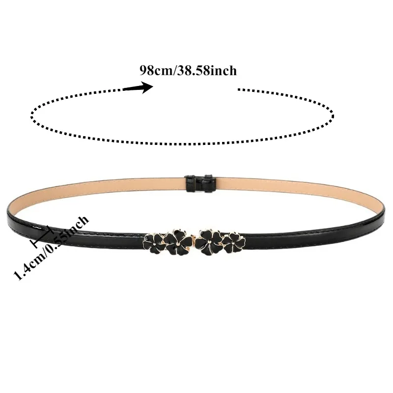 Fashionable Plum-Patterned Patent Leather Adjustable Double-Buckle Small Belt  Hole-Free Five-Leaf Clover Waist Belt for Women
