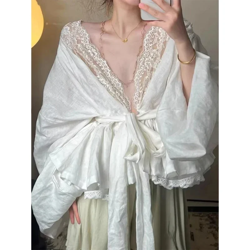 Elegant Lace Shirts Women Vintage Sexy V Neck Bandage Blouses Summer Fairy Korean Patchwork Long Sleeve Casual Design Tops New