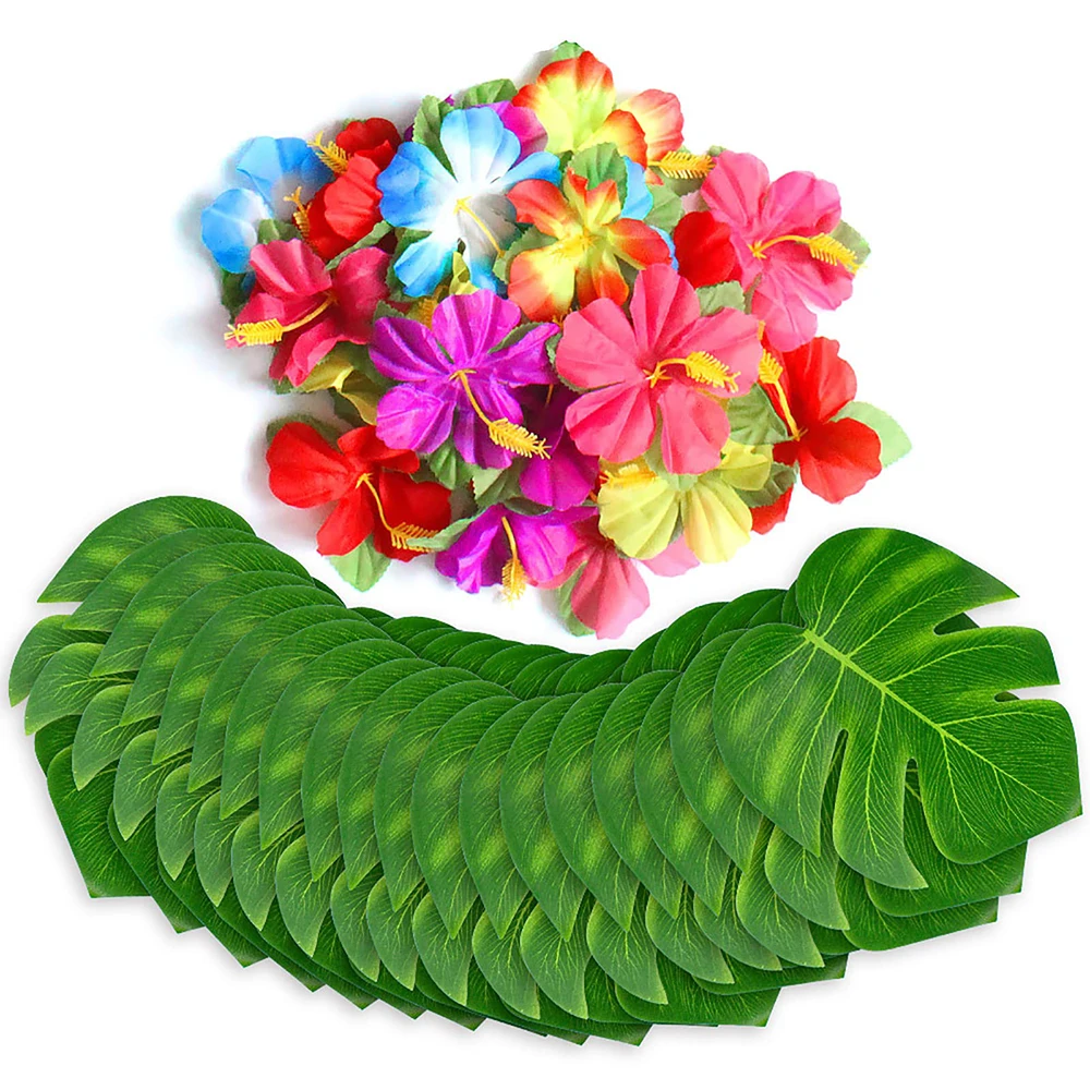 Artificial Tropical Palm Leaves Hibiscus Flower for Beach Table Decor Hawaiian Luau Jungle Safari Birth Party Wedding Decoration