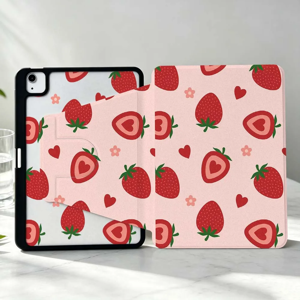 Cartoon Strawberry Heart For iPad Pro Air mini 6 5 4 12th M5 M4 M3 M2 A16 A17Pro 360° Rotation Stylus Storage Tablet Case