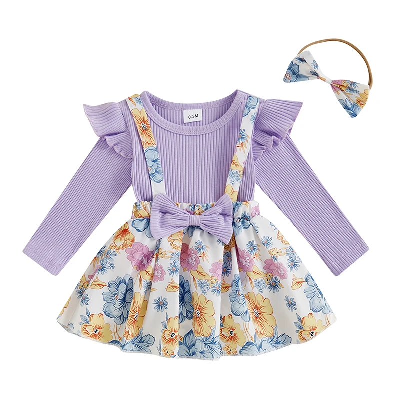 

Baby Girl 2Pcs Fall Outfits Long Sleeve Floral Print Suspender Romper with Headband Set Infant Clothes