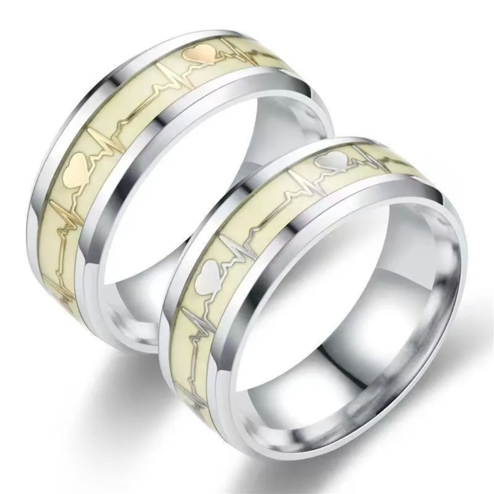 Love Heart Glow Rings ECG Luminous Titanium Steel Teenager Heartbeat Fluorescence Couple Rings for Boys Girls Gifts