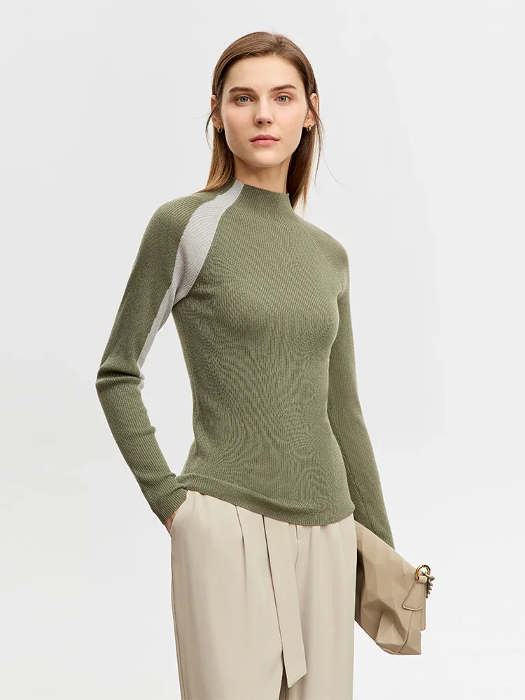 AMII Minimalist Women Sweater 2023 Winter Color Block Patchwork New Warm Slim Knitted Cozy Pullover Mock Neck Fleece 12344300