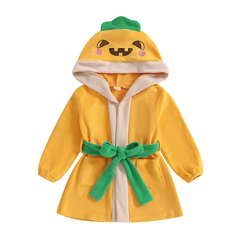 Boy Girl Halloween Bathrobe with Belt Cartoon Pumpkin Chick Print Plush Long Sleeve Hooded Robe