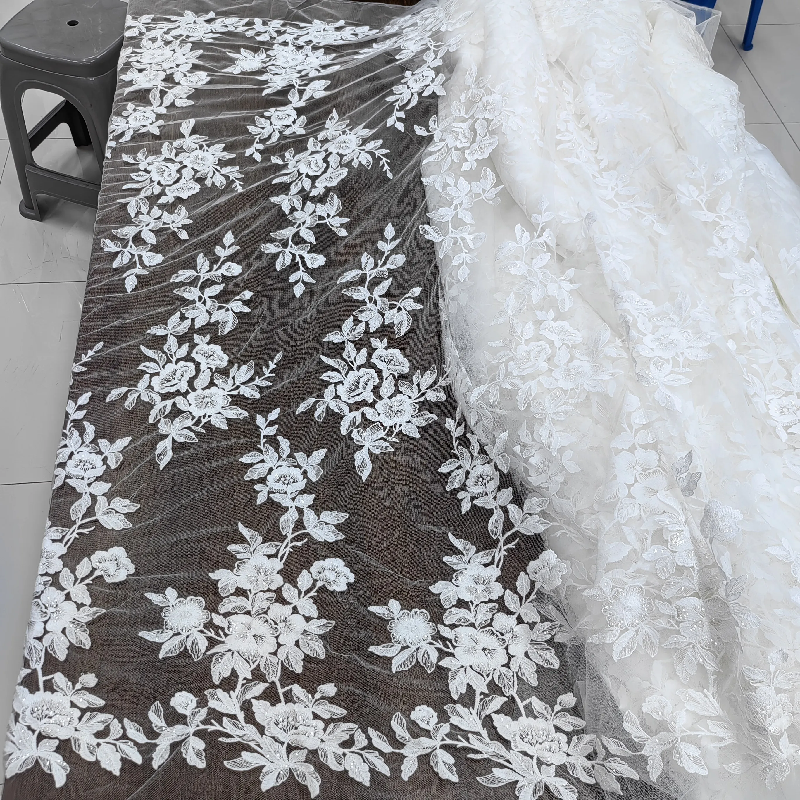 Sequined Embroidered Tulle Fabric Bridal Lace for DIY Wedding Dress Curtain Decoration Appliqued Material