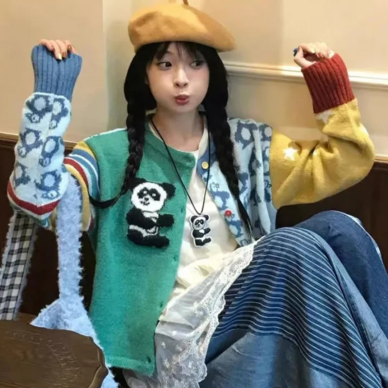 Cute Cartoon Patchwork Sweater Women Long Sleeve O Neck Single Breasted Knit Cardigan Subculture Loose Casual Spring Fall Top