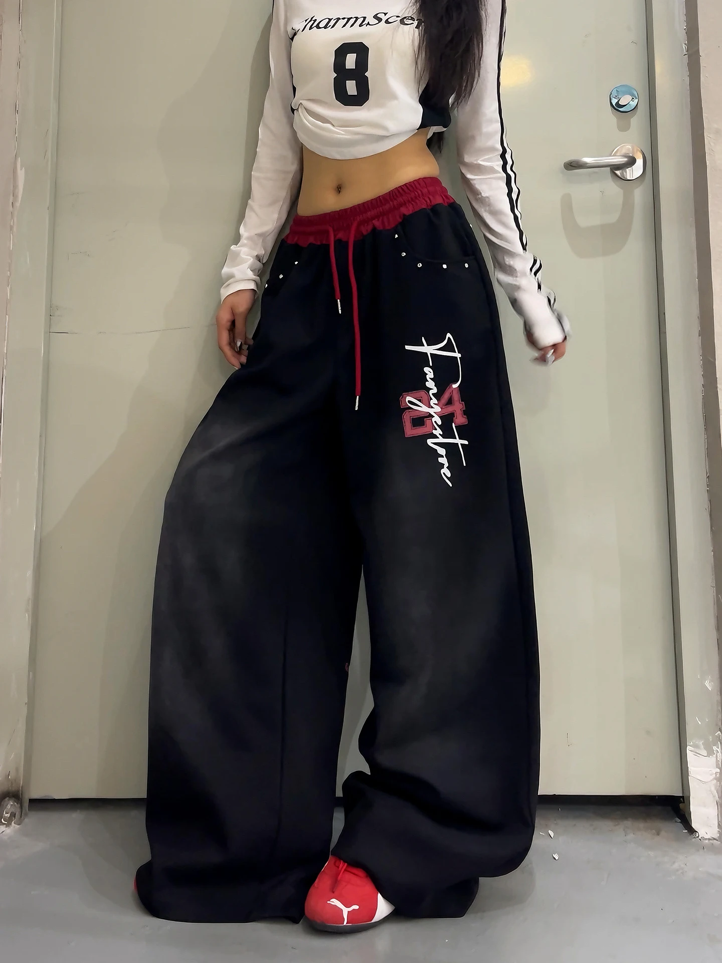 Retro American Color Block Waist Head Tie Dye Ode to Sporty Wide Leg Pants Sweatpants Casual Drapey Long Trousers Trendy