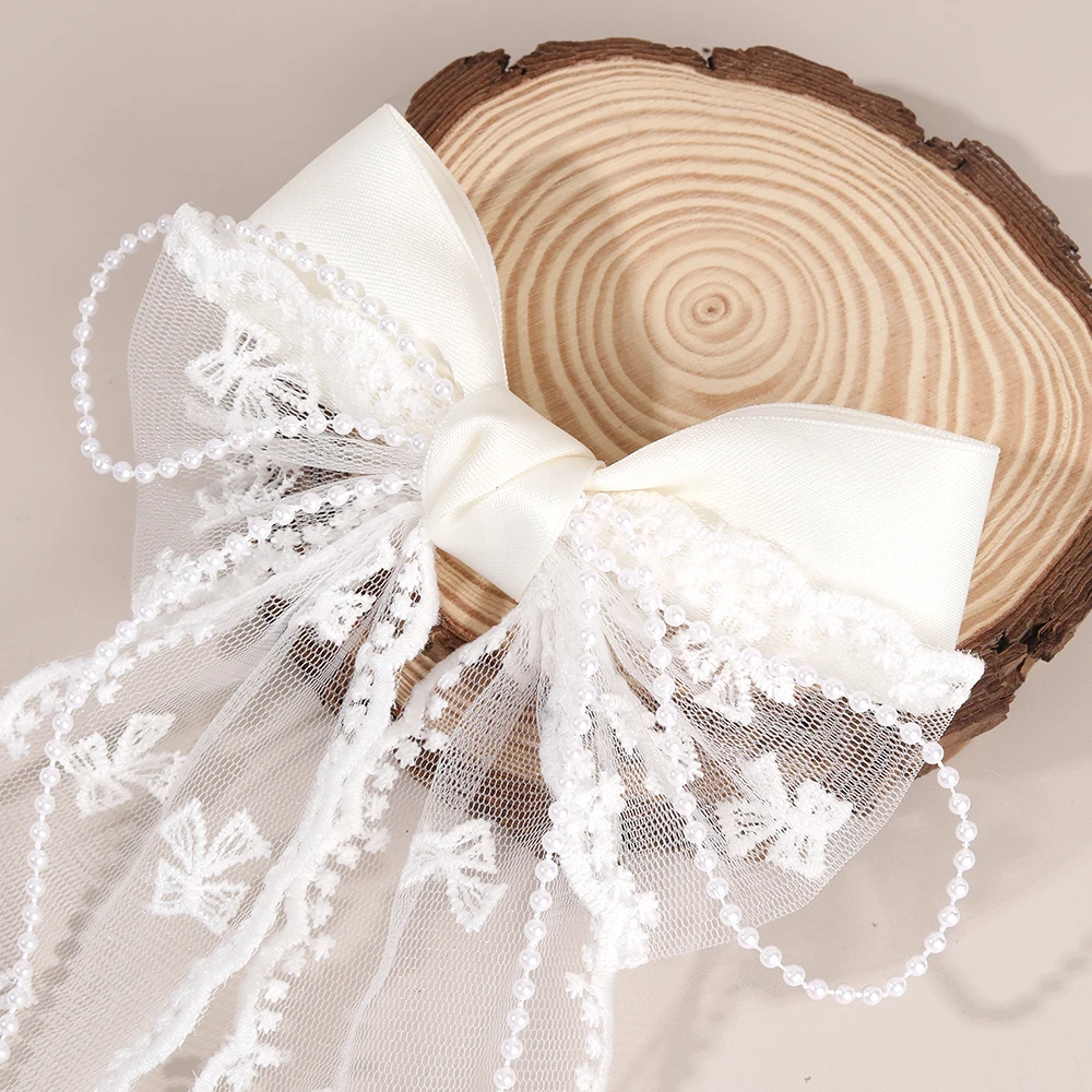 تول القوس مشبك شعر الحلو شبكة الشيفون المرقعة Bowknot دبوس الشعر أنيقة حبات اللؤلؤ مشبك الفتيات النساء غطاء الرأس اكسسوارات #4