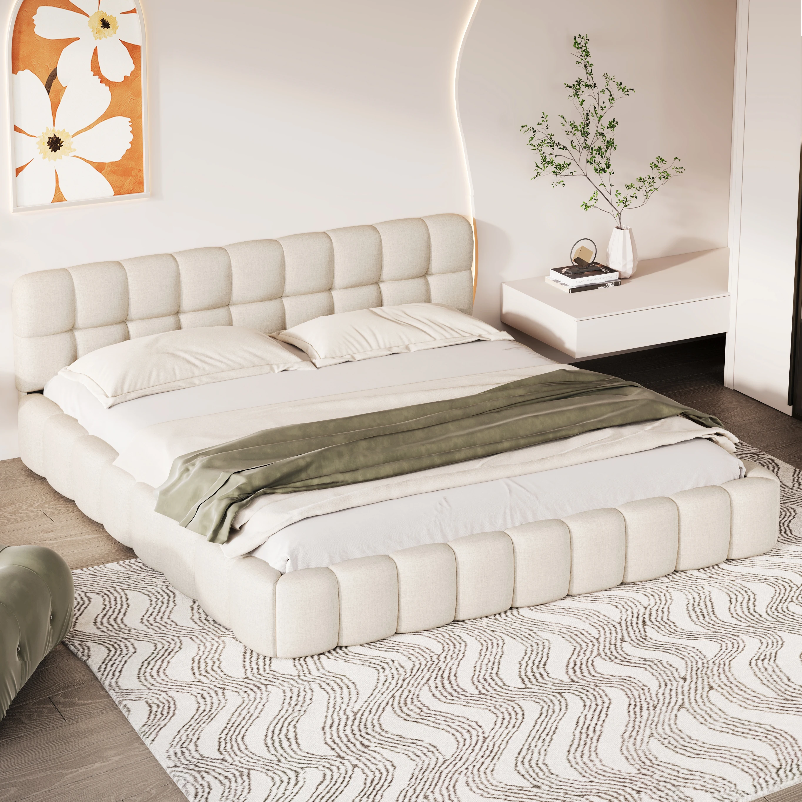 Cama tapizada moderna Fangange, cama doble con respaldo suave, cama plana con borde acolchado, 140x200cm, tela de lino, sin colchón