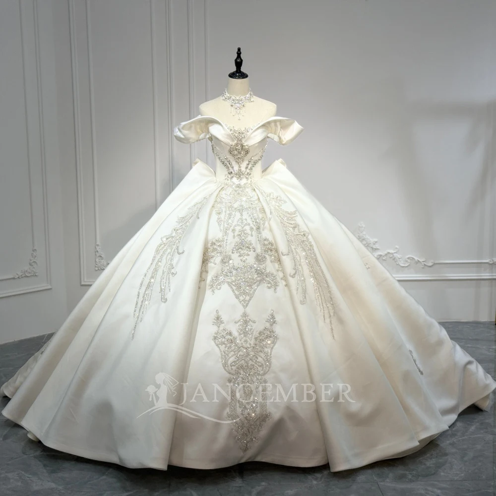 

Gorgeous Ball Gown Wedding Dresses Bride Gown Customized Scoop Neck Short Sleeves Satin Bridal Dresses vestidos de novia boda