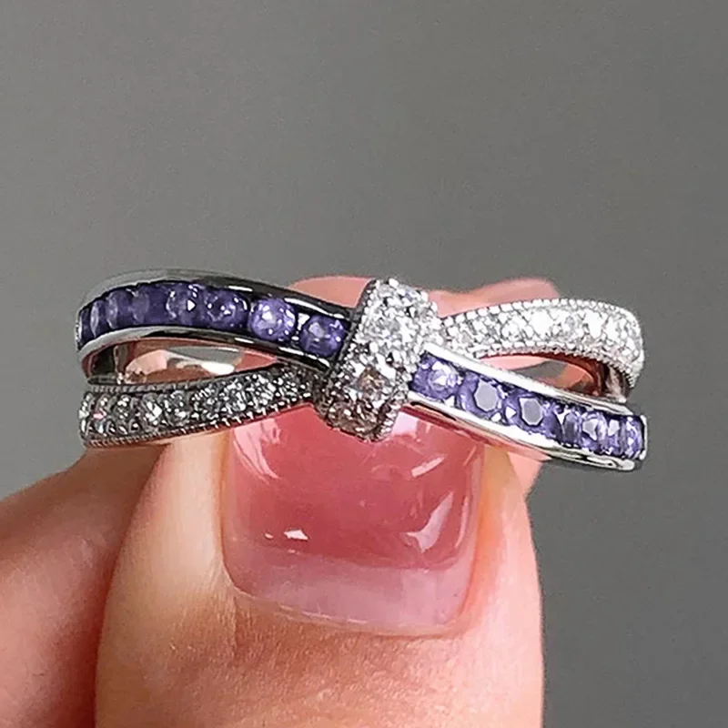 Luxury Female Rings 925 Sterling Silver Cross Shaped Bow Ring Amethyst Infinite Finger Statement Wedding Jewelry Drop Ship