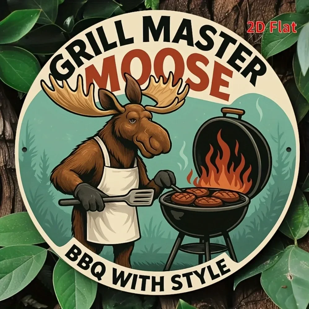 Runde Wanddekoration – Rustikales Metallschild mit „Grill Master Moose“-Kunst, geeignet für Küche, Bar und