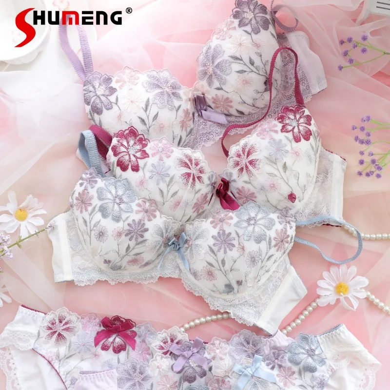 

Japanese Style Girl Underwear Set Mesh Embroidery Comfortable Bra Suits Women's High Street Sweet Bra Set Underwear