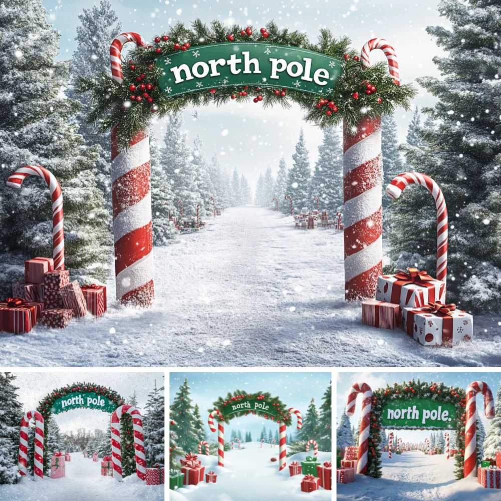 

Xmas Snowy North Pole Candy Cane Arch Backdrop Pine Tree Present Box Holiday Kids Portrait Studio Photography Background Cloth