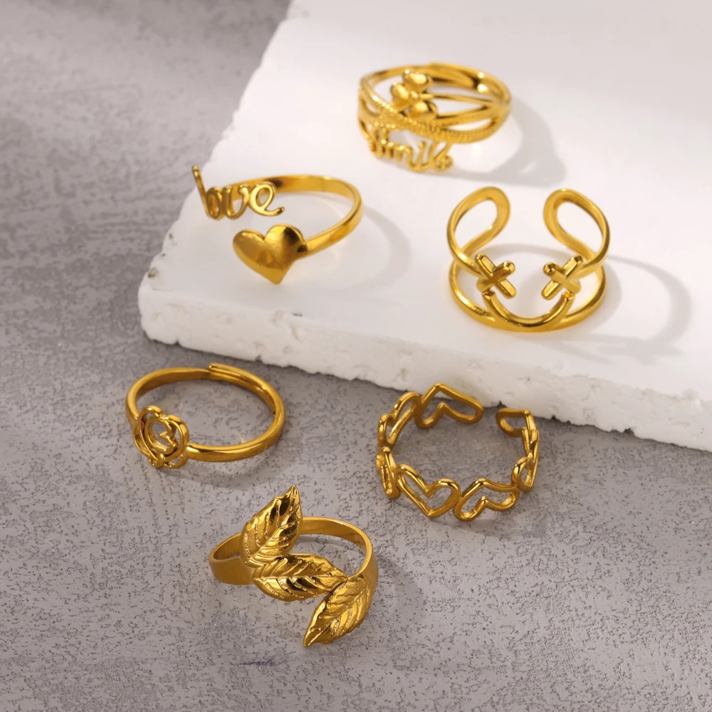 316L Stainless Steel Gold Plated Heart Flower Rings For Women Men Open Adjustable Ring Gothic Punk Aesthetic Jewelry 2024 New