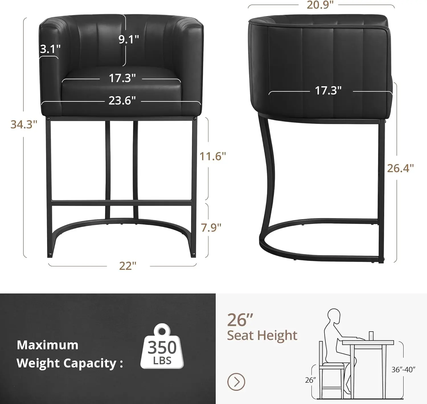 Juego de 4 taburetes de bar con altura de mostrador de 26,4 pulgadas de alto, taburetes de barril modernos, taburetes de bar tapizados de piel sintética para islas de cocina, negro