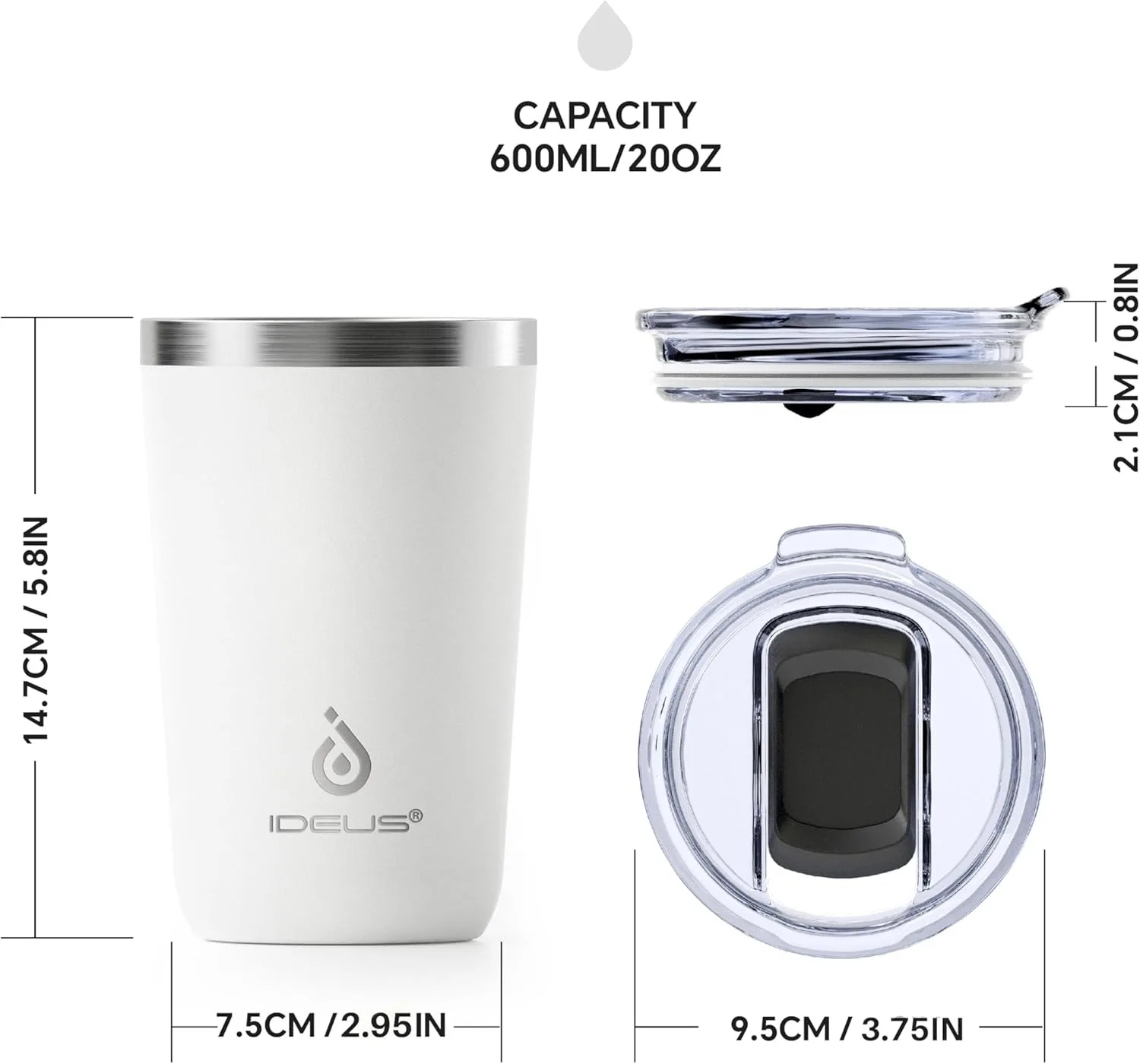 

The Ideus travel coffee cup features a splash-proof sliding lid. This double-layer stainless steel vacuum insulated coffee cup i