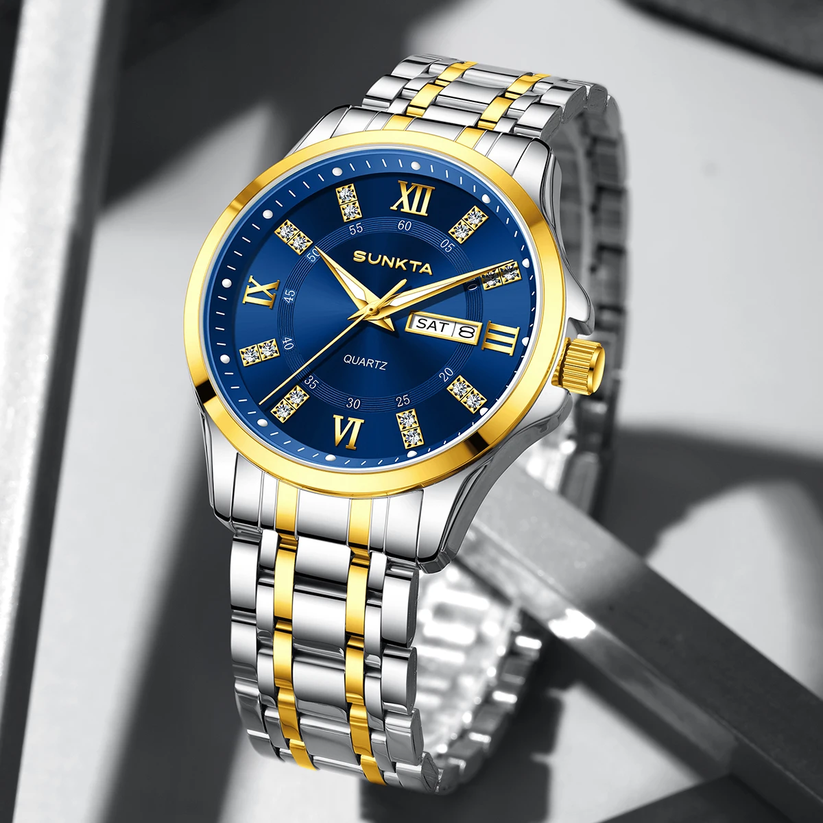 SUNKTA Men Stainless Steel Watch Men's European and American Business Leisure Quartz Watch Waterproof Outdoor Sports Watch