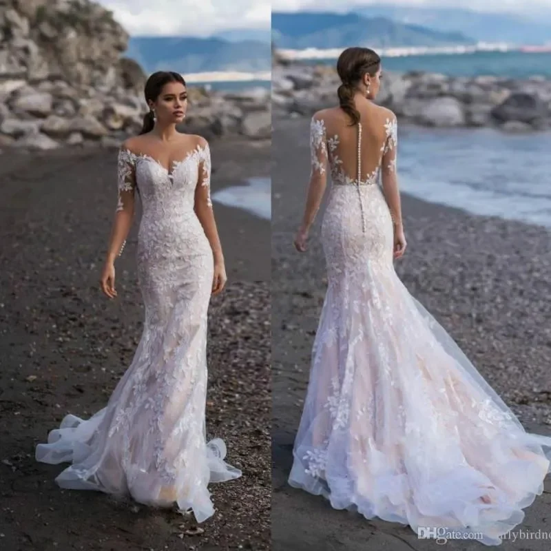 Abiti da sposa a sirena con maniche lunghe in pizzo da spiaggia personalizzati con applicazioni Sweep Train Abito da sposa taglie forti 2025 Abiti da sposa