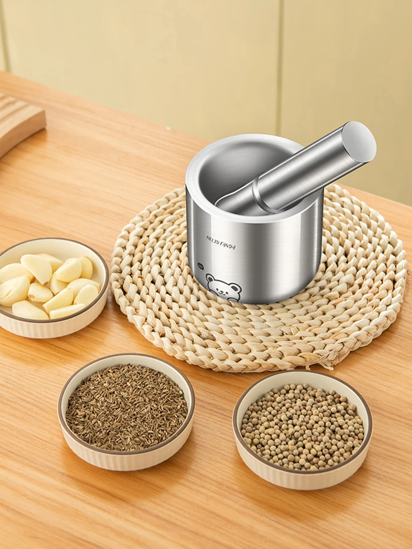 Stainless Steel Spice Grinding Pestle And Mortar With Lid Prevent Splashing Rust Resistant Pounding Garlic Mortar Kitchen Tool