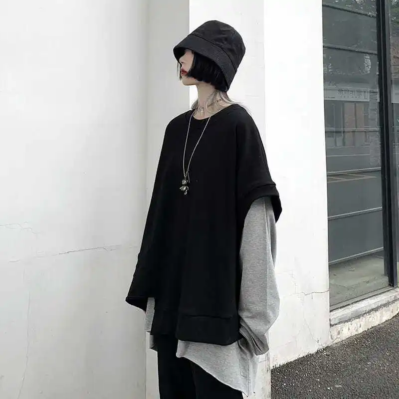 Irregular Two Piece Set Autumn Spring Long Sleeve Men Round Neck T Shirts Hip Hop Fashion High Street 2xl Oversized New Clothing