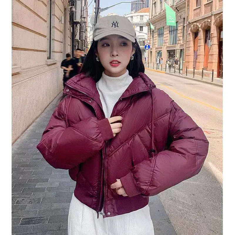

2025 Women Thickened Mock Neck Cotton-padded Jacket Single Breasted Pocket Casual Down Coat Winter Warm Loose Short Coat Fall