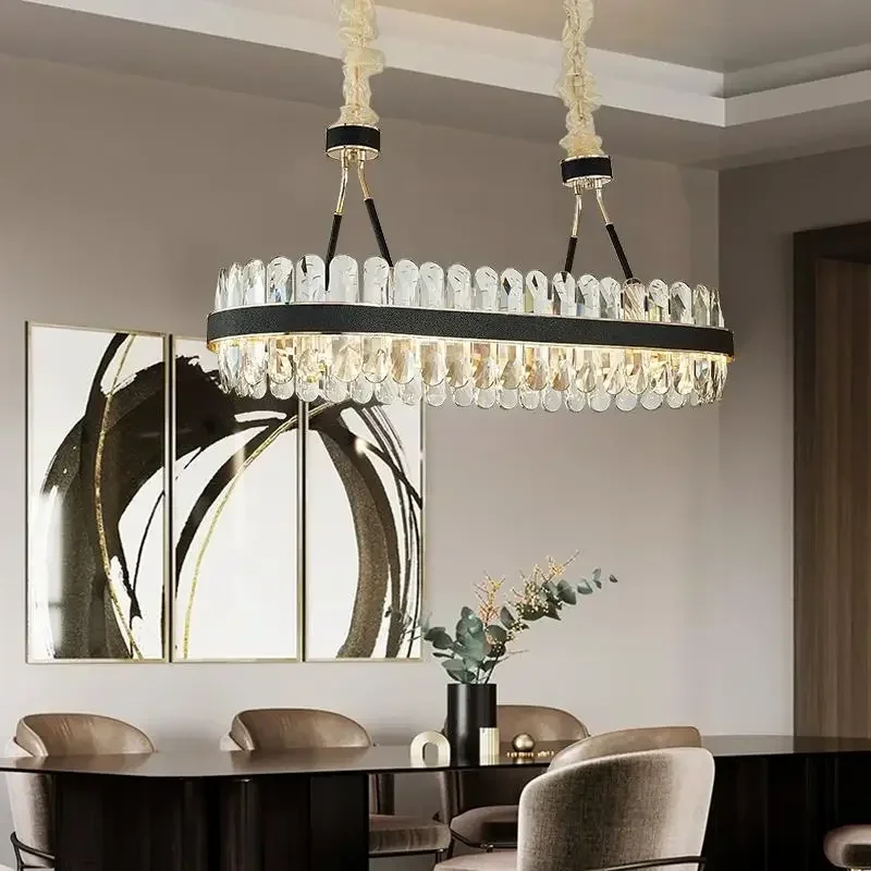 

Modern LED Kitchen Chandelier Rectangular Crystal Chandelier Modern Designer Creative Leather Dining Room Lamp