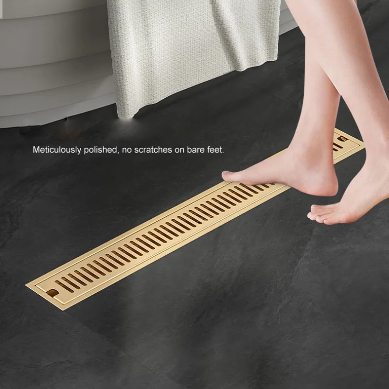 Gold Long Floor Drain Rectangular 304 Stainless Steel Floor Drain Deodorant Type Bathroom Extension Strip Wet Dry Separation
