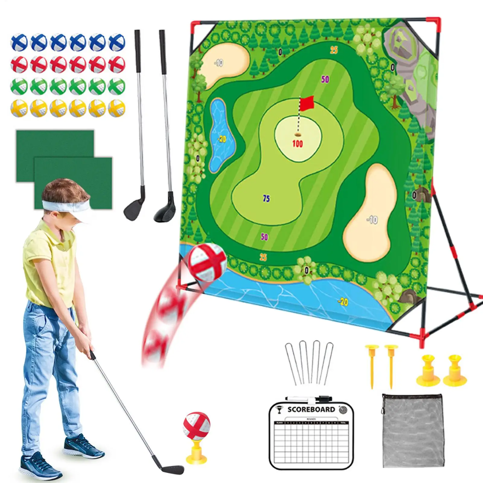 Kids Golf Chipping Game Mat Set Golf Play Mat / Club Set Outdoor Stick Chip Golf Game Set Dart Target Mat Golf Club Sticky Ball