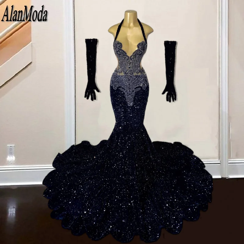 Sparkly Sequin Prom Dresses With Gloves Rhinestone Mermaid Party Gowns For Black Girls Halter Formal Occasion Evening Dress