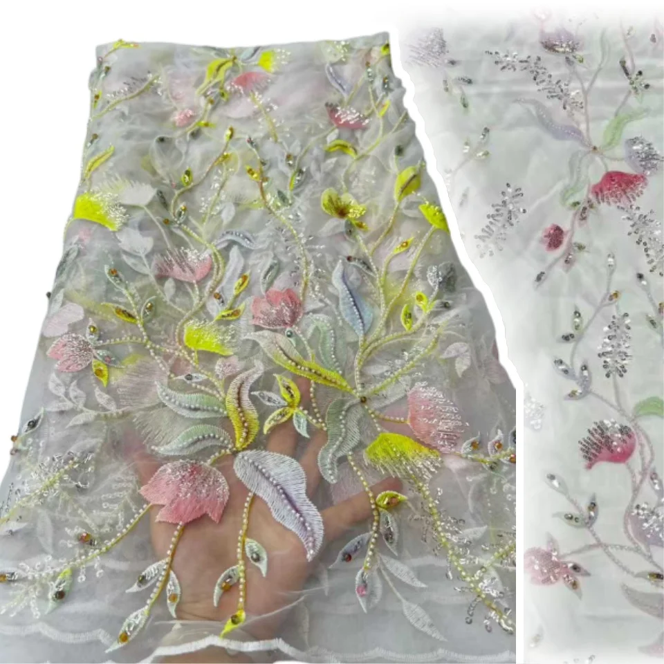 

3D Embroidered Sequin Lace Fabric 2025 Latest Nigerian Style Beaded Bridal Tulle Lace Wedding Party Fabric Sewing Material T1307