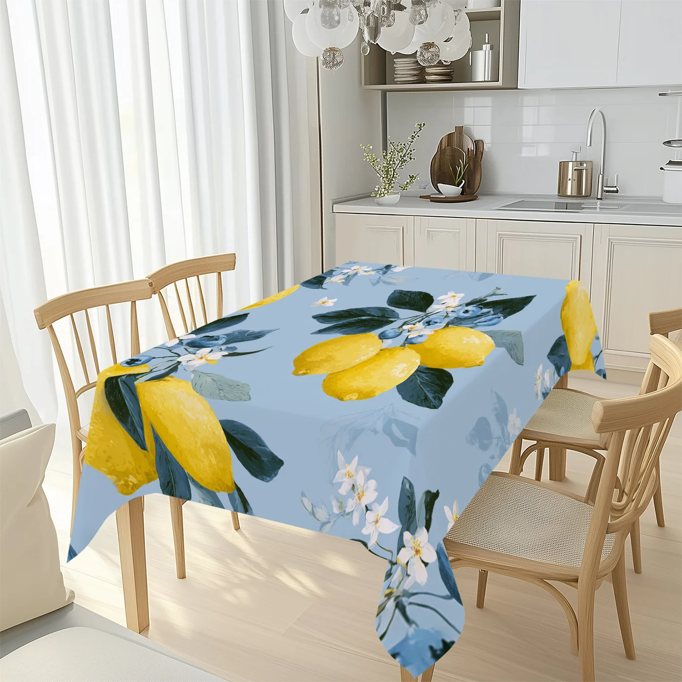 Blue Lemon Floral Tablecloth, Light Blue Base With Yellow Lemon Blossom And Leaf Print, Rectangular Table Cover for Dining Room