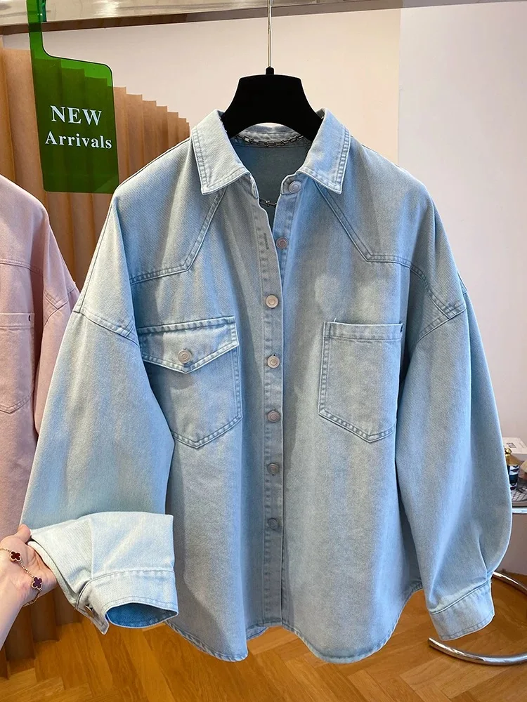 

Korean Fashion Blue Denim Single Breasted Loose Shirt Women Autumn Long Sleeve Elegant Blouse Retro Office Lady Slim Tops Trendy