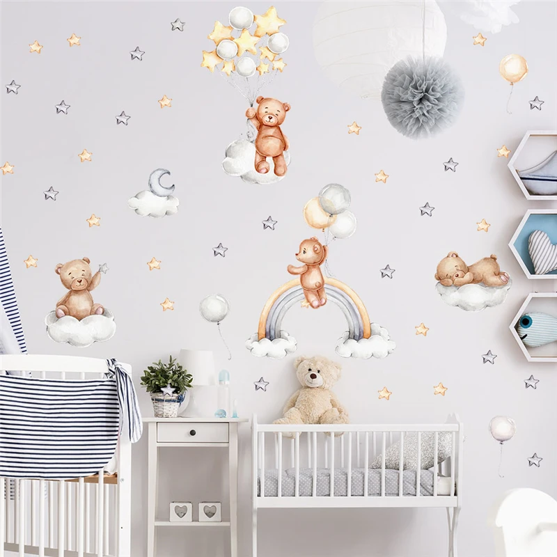 Cartoon Bear With Rainbow Moon Star Wall Stickers For Kids Bedroom Decoration Animal Mural Art Cartoon Home Decal Pvc Poster