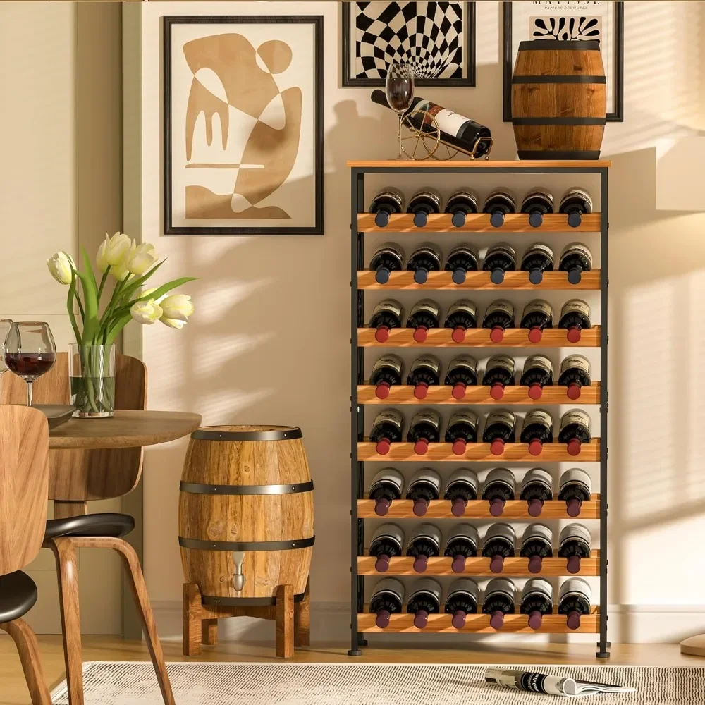 48 Bottles Floor Wine Rack with Wood Top,Freestanding Wine Bottle Organizer Shelf, Wobble-Free 8 Tier Wine Display Storage Stand