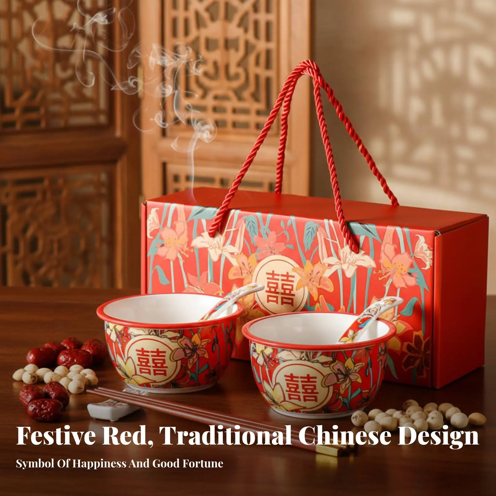 Picture 4: Ceramic Wedding Bowl Set, Red Double Happiness Tableware, Creative Chinese Design, Gift Box for Newlyweds